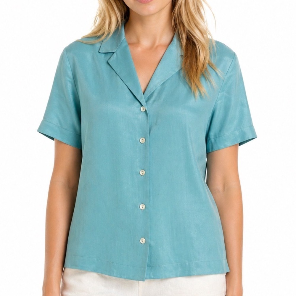 Talbots 100% Silk Elevated 90s Button Down Shirt Turquoise  Notch Lapel Women 6